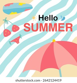 Summer background layout design with summer elements. Square poster, greeting card, header for website, banner. Vector illustration.