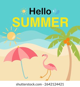 Summer background layout design with summer elements. Square poster, greeting card, header for website, banner. Vector illustration.