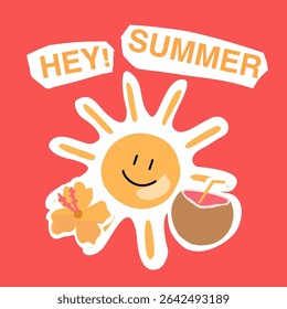 Summer background layout design with summer elements and summer quotes. Square poster, greeting card, header for website, banner, social media. Vector illustration.