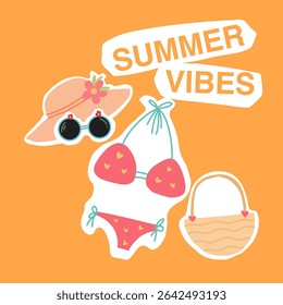 Summer background layout design with summer elements and summer quotes. Square poster, greeting card, header for website, banner, social media. Vector illustration.