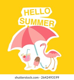 Summer background layout design with summer elements and summer quotes. Square poster, greeting card, header for website, banner, social media. Vector illustration.