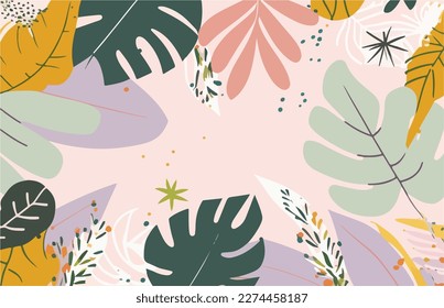 Summer background with leaves, flowers, petals. Floral bright abstract background.
