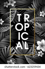 Summer Background with Leaves and Flowers of Tropical Exotic Plants for Party or Wedding Invitation, Flyer or Travel Advertising.