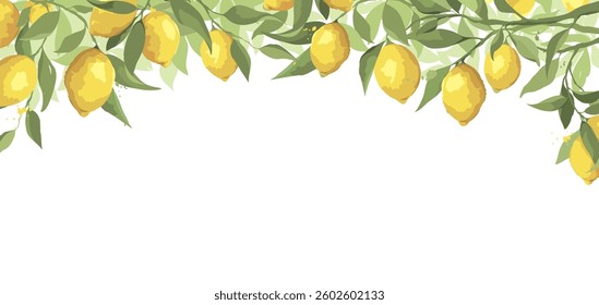 Summer background with lemon branch -- free hand drawing. Poster with citrus fruits, vector illustration, label, wallpaper.	