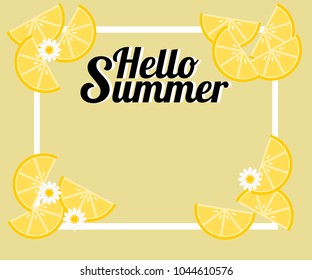 Summer background with lemon and tiny flowers. There is word 'Hello Summer'. Illustration use for web banner, poster or flyer. Picture with copy space for text or product marketing and advertising.