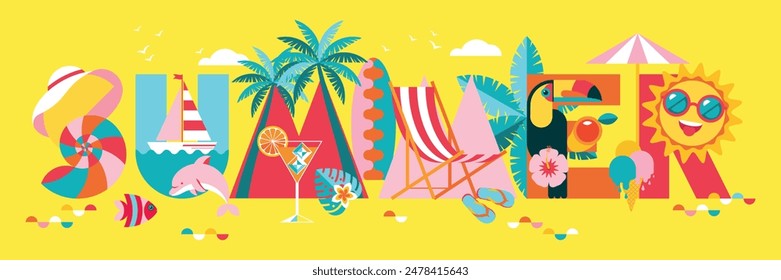 Summer background with lettering of beach and traveling. Creative composition of geometric letters and symbols of vacation, journey and  recreation. Tourism, travelling. Banner, print, logo