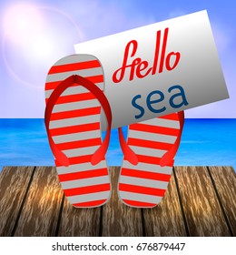  Summer Background with Lettering Hello Sea.  Vector Illustration. Summer holidays