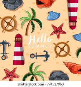 Fondo de verano con faro e ilustración de árbol