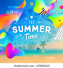Summer background with liquid shapes and color fluid drops and geometric patterns for beach party posters, placards, banners and flyers. Vector illustration.