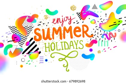 Summer background with liquid shapes and color fluid drops and geometric patterns for beach party posters, placards, banners and flyers. Vector illustration.