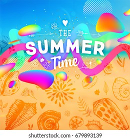 Summer background with liquid shapes and color fluid drops and geometric patterns for beach party posters, placards, banners and flyers. Vector illustration.