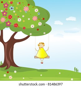 summer background with little girl vector illustration