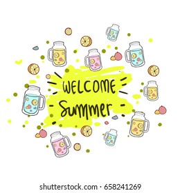 Summer background, logo, hand drawn and design elements for summer holiday, Vector illustration for poster and invitation.