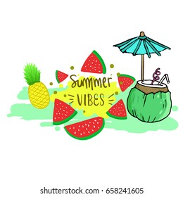 Summer background, logo, hand drawn and design elements for summer holiday, Vector illustration for poster and invitation.