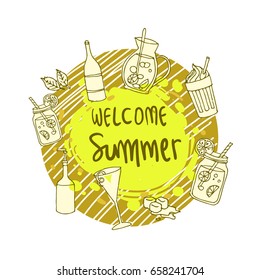 Summer background, logo, hand drawn and design elements for summer holiday, Vector illustration for poster and invitation.