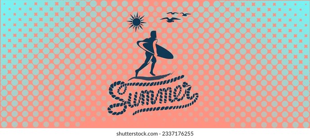 Summer background with logo. Silhouette of man with surf and rope text on dotted background. Pink and light blue pattern in minimalist style 