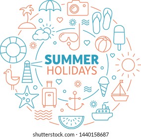 Summer background made of thin line icons - can be used to illustrate topics like travel, holidays, relaxing at the sea