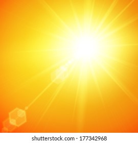 Summer background with a magnificent summer sun burst with lens flare. Vector illustration.