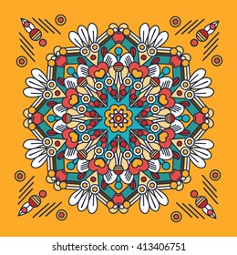 Summer background. Mandala with ethnic floral doodle pattern. Coloring page - zendala, design for meditation, relaxation for adults, vector illustration, isolated on a white background. Zen doodles.
