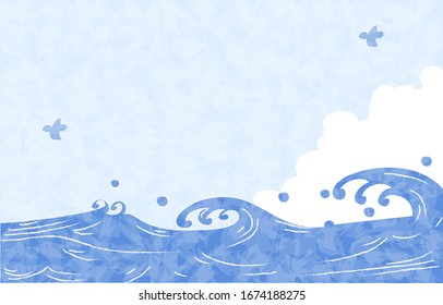 Summer background material, sea, approaching clouds, blue sky and seagulls