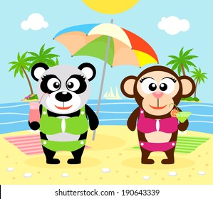  Summer  background with monkey and panda vector