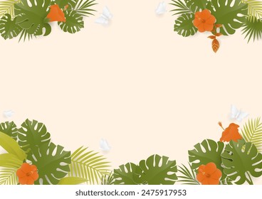 Summer background. Monstera leaf frame, plant, hibiscus, and butterflies on a beige background. Paper cut and craft style.