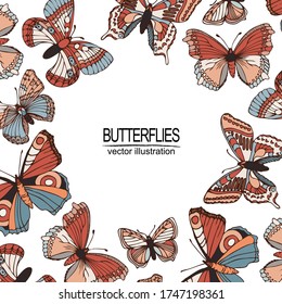 Summer background with multi-colored hand drawn different types of  butterflies.  Elements isolated on white background. 