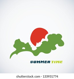 Summer background. Nature landscape icon - sun and green forest