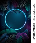 Summer background with neon frame and  fluorescent tropic leaves. Nature concept. Vector illustration