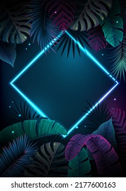 Summer background with neon frame and  fluorescent tropic leaves. Nature concept. Vector illustration