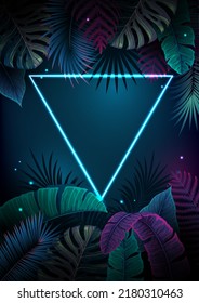 Summer background with neon frame and  fluorescent tropic leaves. Nature concept. Vector illustration