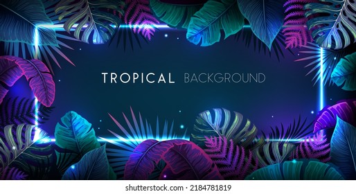 Summer background with neon frame and  fluorescent tropic leaves. Nature concept. Vector illustration