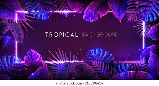 Summer background with neon frame and  fluorescent tropic leaves. Nature concept. Vector illustration