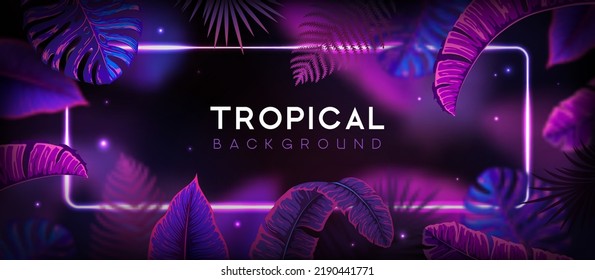 Summer background with neon frame and  fluorescent tropic leaves. Nature concept. Vector illustration