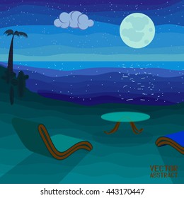 Summer Background. Night Ocean and Night Beach. Poster in a Flat Style. Vector Illustration