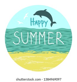 Summer background with ocean, beach, seagulls and dolphin.