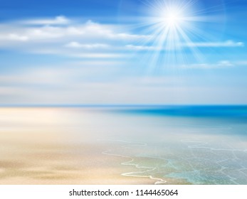 Fondo de verano con océano, costa, cielo azul, sol y playa.