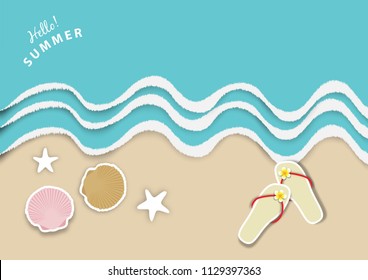 summer background, with ocean or sea wave and summer slipper shoe paper art style vector