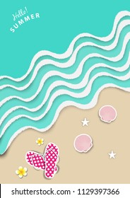 summer background, with ocean or sea wave and summer slipper shoe paper art style vector