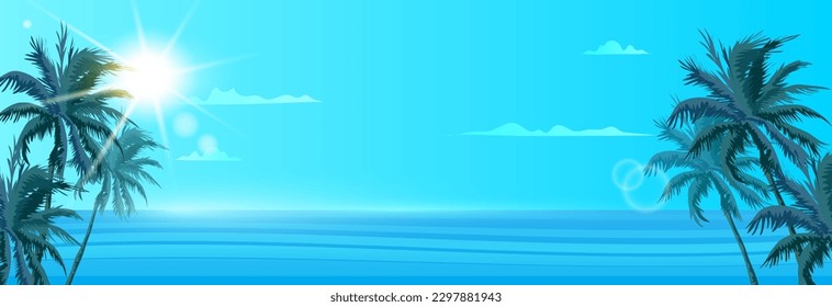summer background on the beach with coconut trees and the sun is shining