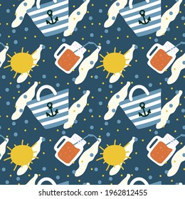 Summer background on blue. Cartoon pattern with beach bag for relaxing on the beach. The texture of the background is a doodle for textiles. Vector illustration