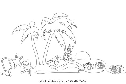 Summer Background. One Line Art. Vacation Pattern. Poster With   Palm Trees, Fruits, Ice Cream, Seashells, Sun And Sand. Vector Illustration.