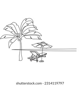 Summer Background. One line Art. Poster with Palm trees, Fruits, ice cream, Seashells, Sun, and Sand. Vector illustration.