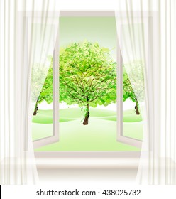 Summer background with an open window and green trees. Vector.