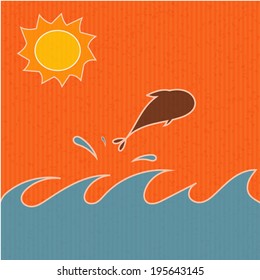 Summer background orange cardboard with fish jumping 