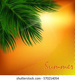 Summer background with orange sky, sunset, palm green leaves and Halftone