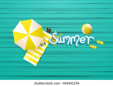 summer background, with painted wooden floor, and beach products.
