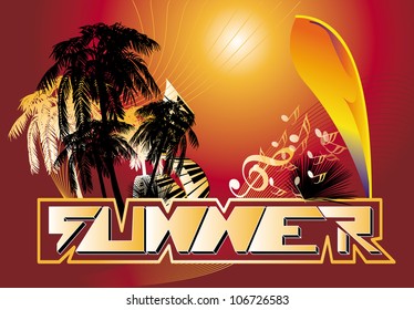 summer background with palm an beach flags