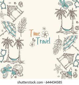 Summer background with palm, coconut, cocktail, starfish, seashell . Summer background. Vector hand drawn illustration