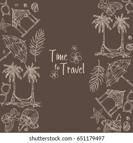 Summer background with palm, coconut, cocktail, starfish, seashell . Summer background. Vector hand drawn illustration.